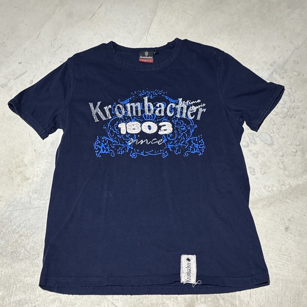 Vintage Krombacher Beer T Shirt Size Large Germany 90s Blue Felt Advertise